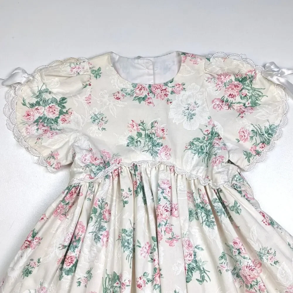 Vintage Handmade Dress Girls Size 10 Cream Floral Party Fancy Dainty Cottagecore